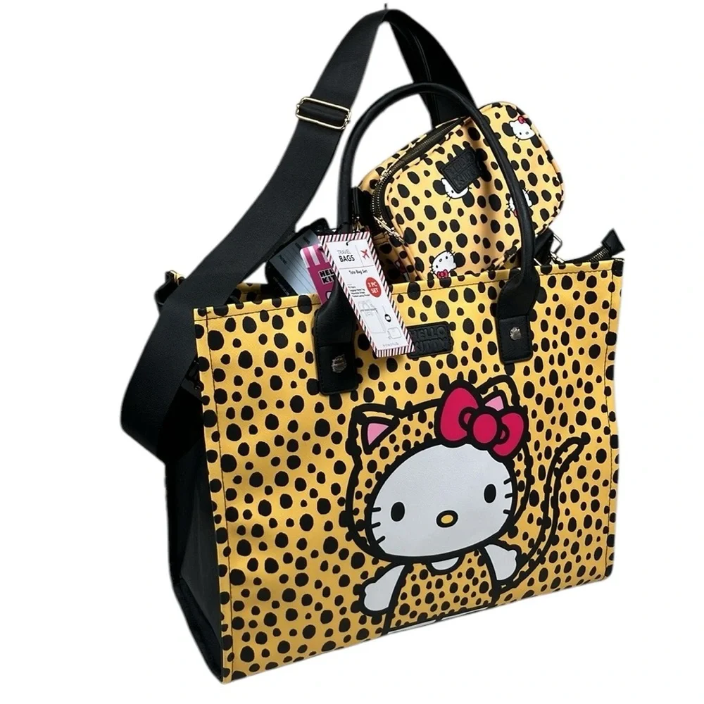 Hello Kitty Cheetah Tote Bag 3 Pc Set Crossbody Purse NWT